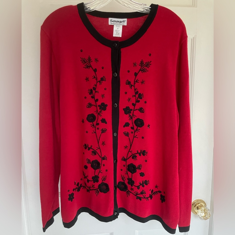 Serengeti Red Cardigan with Black Floral Design